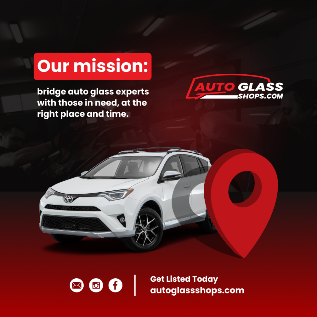 Auto Glass Shops ad with white car and mission statement