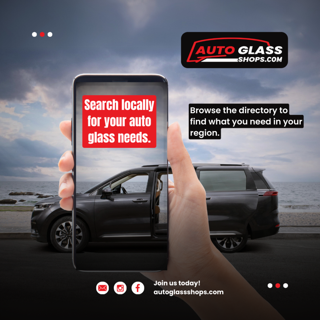 Smartphone displaying auto glass ad, car by seashore.