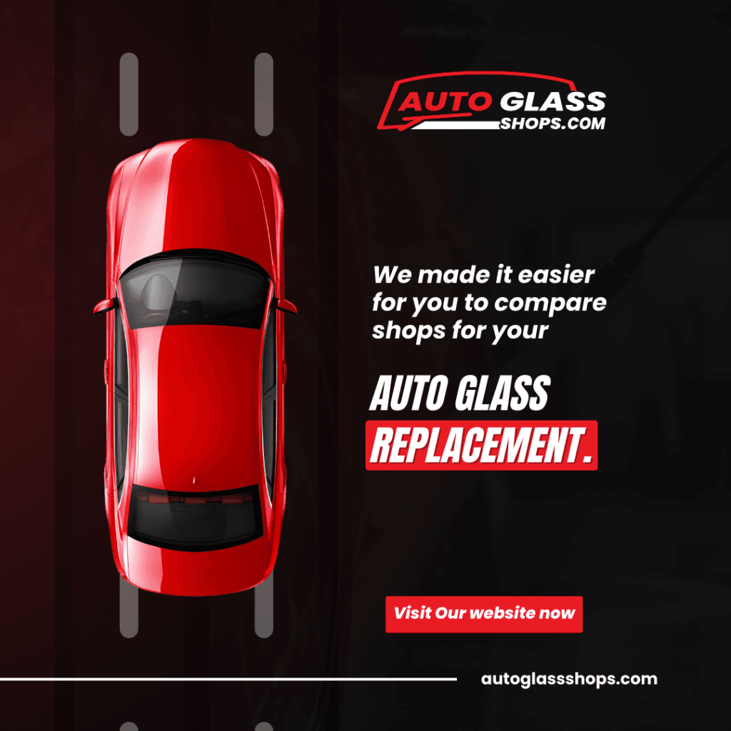 Red car advertisement for Auto Glass Shops replacement.